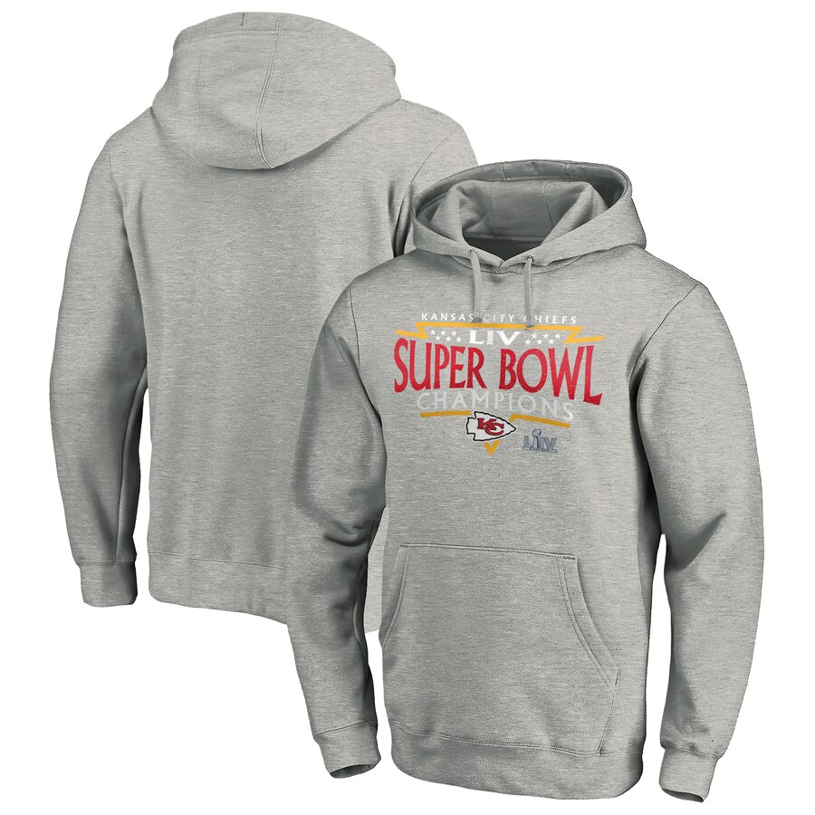 Men Kansas City Chiefs NFL Pro Line by Fanatics Branded Super Bowl LIV Champions Neutral Zone Pullover Hoodie Heather Gray->kansas city chiefs->NFL Jersey